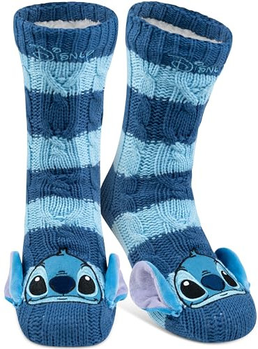 Disney Lilo & Stitch Hüttensocken - Strick Haussocken mit Ohren und Sherpa Futter für Damen Kuschelsocken Flauschige Wintersocken warme Frauen Socken OneSize Blau