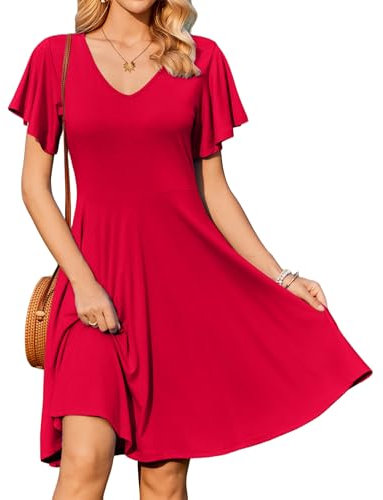 Zeagoo Damen Kleid Knielang Sommerkleid V-Ausschnitt Freizeitkleid Rüschen Ärmel Strandkleid Elegant A-Linie Kleider mit Taschen Rot XL