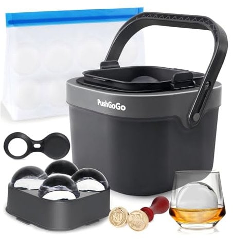 PushGoGo Transparente Eiskugelform, vier große 6,1 cm kristallklare Eiskugeln für Whiskey, Cocktails, Bourbon, 4 Mulden, BPA-freies Silikon, leicht zu entfernen, Eiskugelformen mit