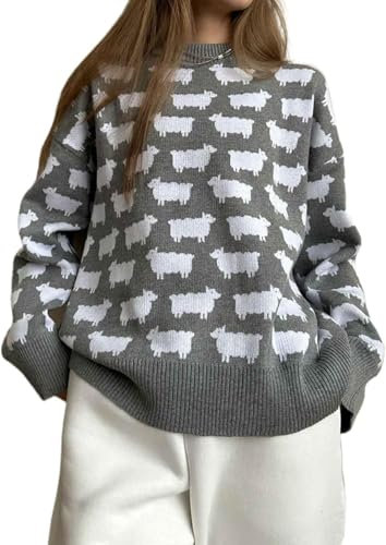 DSAoTeng Damen-Pullover mit Rundhalsausschnitt, Schaf-Grafik, lässig, modisch, Y2K, langärmelig, grob, niedlicher Druck, Strick-Top, Herbst und Winter, grau, S