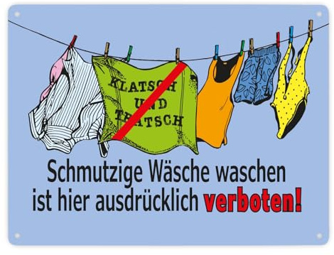Klatsch und Tratsch Metallschild XXL in 28x38 cm mit Spruch: Schmutzige Wäsche waschen verboten! lustiges Blechschild für humorvolle Dekoration im Waschbereich