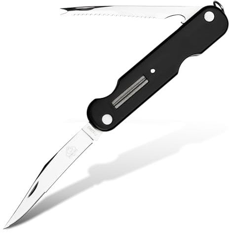 PUMA TEC - Universal Anglermesser 863 – Klappmesser für Angler mit 95 mm Klinge, 2,5 mm stark – Slip-Joint Arretierung – Schuppenschaber mit Hakenlöser & Flaschenöffner – mit Ködernadel & Schleifstein