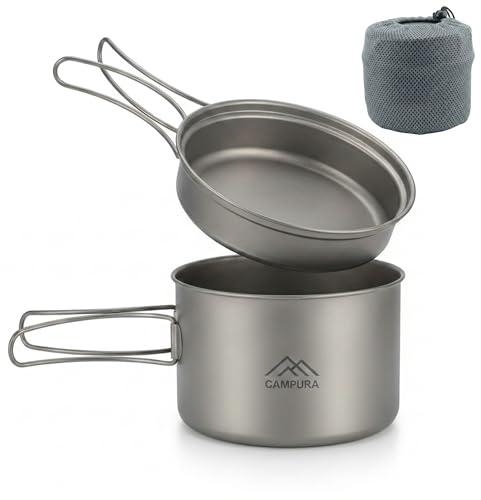 Campura Juego de ollas de titanio de 1300 ml con sartén de 500 ml – Juego de utensilios de cocina ultraligeros para camping (240 g) para senderismo, bushcraft y hoguera