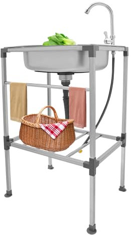 Edelstahl 201 Standspüle, 60 kg Tragkraft, 360° Wasserhahn, Campingspüle, 53 x 38 x 83 cm