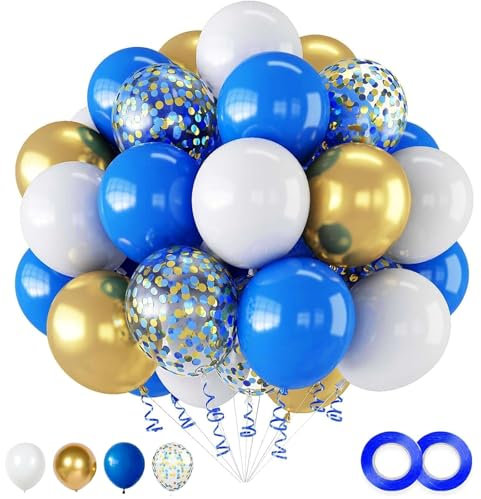 Ovanda Hochzeitsdeko Luftballons Blau Gold, 30 Stück 12 Zoll Ballons Blau Gold Konfetti Helium Ballons mit Bändern, Ballon Blaue für Geburtstag, Hochzeitsdeko,Taufe Deko, Babyparty