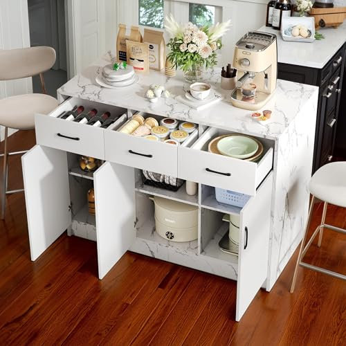Cayipng Gran Isla de Cocina, Mueble de mármol con Espacio de Almacenamiento, Mesa de Comedor con 3 cajones y 3 Puertas, Carrito de Bar, 120x60x90,5 cm, Blanco