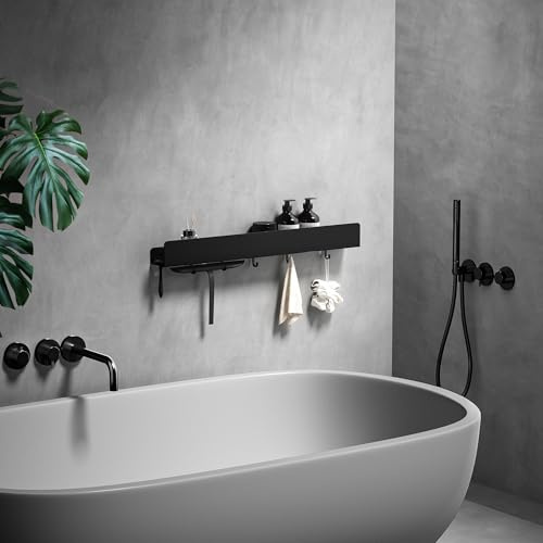 REKITA Duschablage ohne Bohren, Badezimmer Organizer 60 cm, Duschablage Edelstahl mit 5 Abnehmbaren Haken, Shampoo Halterung für Dusche, Hängeregal, Badregal Schwarz