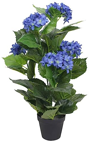 RMIHSJG Ortensia artificiale con vaso da 60 cm, blu, pianta artificiale realistica con 51 foglie e 5 fiori per casa e ufficio, decorazione facile da pulire realizzata con materiali di alta qualità