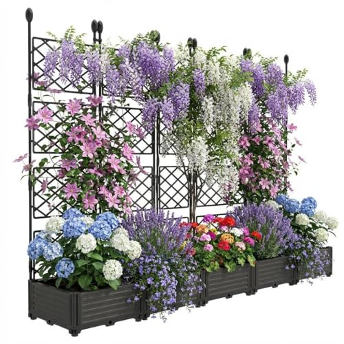 Pflanzkasten mit Rankgitter 294x160cm, Sichtschutz, 7er Set, Kunststoff | Kletterpflanzen; Metall; verstärkt; wetterfest; stabil; Rankhilfe; Terrasse; Garten; Trennwand; Outdoor; UV-beständig; XXL