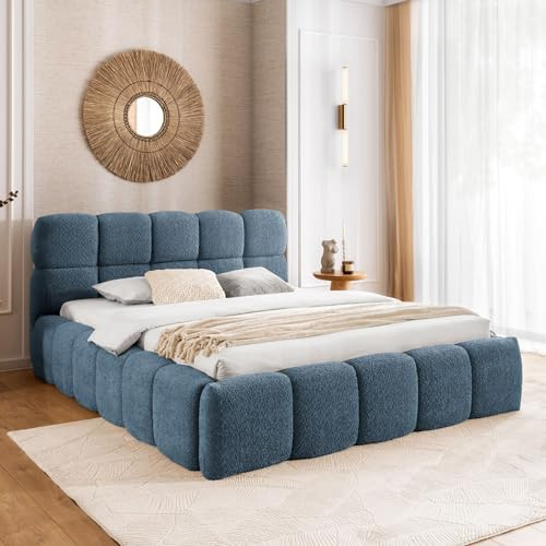 Home Collective Polsterbett Doppelbett Bubble Bett mit Stauraum viele Größen und Farben | inkl. Metall-Lattenrost | bodennahes Design Schlafzimmer Jugendzimmer Möbel | Blau 180x200 cm