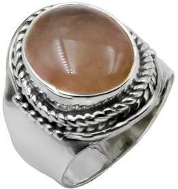 Authentic 925 Sterling Silver Beautiful Natural Rose Quartz Cabochon Gemstone Handmade Unique Designer Ethnic Tribal Gypsy Boho Style Fashion Ring for Women & Men