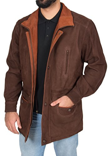 A1 FASHION GOODS Gentlemens Real NUBUCK Leather Classic Parka Jacket Brown/Tan Trim 3/4 Long Car Coat - Henry (XXX-Large)