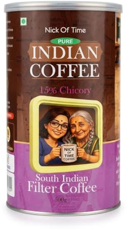 Nick of Time South Indian Filter Coffee (85% Coffee, 15% Chicory) | Arabica AA Grade Dark Roast | Enjoyed Across 14 Countries for 10+ Years | (500g|17.63 oz)