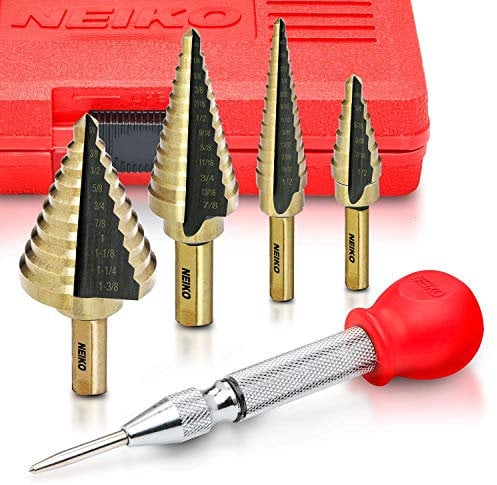 NEIKO 10169A 5 forets étagés, pointeau automatique, polyvalence de perçage, 41 tailles SAE, de 1/8 à 1-3/8 (3,17-34,9 mm) en acier titane haute vitesse, forme conique étagée, double cannelure