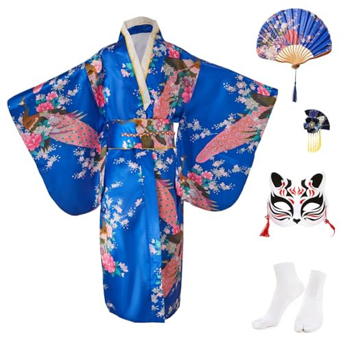 Kimono Enfant Deguisement Japonaise Fille Robe Japonaise pour la Fête et le Spectacle,Satin Cosplay Anime avec Eventail Pliant,Chaussettes Tabi,Masque de Renard et Epingle à Cheveux,Bleu Royal,130