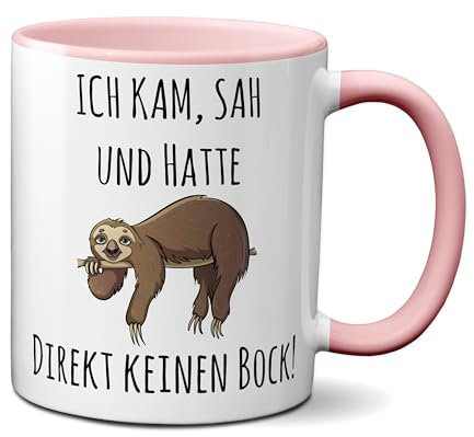 TassenKing Tasse mit Spruch ICH KAM, SAH UND HATTE DIREKT KEINEN BOCK! - Geschenk Kollegin Chef Chefin Sprüche Tassen rosa lustig