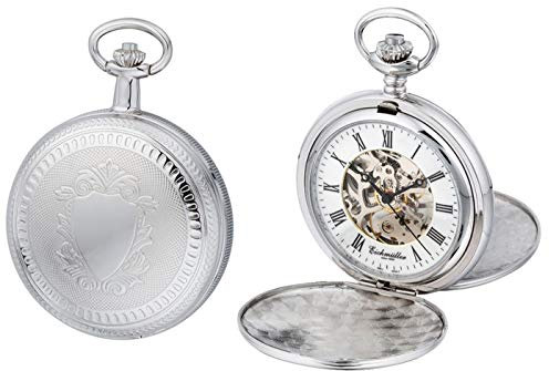 Eichmüller mechanische Edelstahl Skelett Taschenuhr Silber mit Kette und Etui, Handaufzug mit ca. 40 Stunden Gangreserve