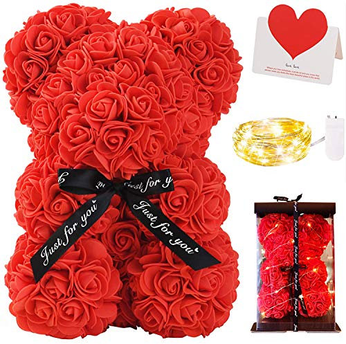 Zodight Orso di Rose, Orsacchiotto Composto da Rosa Artificiali con Luce Led, Creativo Floreale Regalo, San Valentino Comprese Scatole Trasparenti Biglietti di Auguri