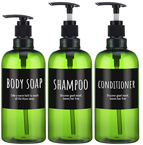 Segbeauty 16.9oz Shampoospender, 3 Stück Grüne Shampoo-Flaschen mit Etiketten, Pumpspender für Badezimmerdusche, 500 ml Leere nachfüllbare Kunststoff-Pressflasche