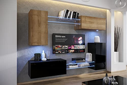 Furnitech Wohnwand Wohnzimmer | Wohnzimmer Möbel mit LED Weiß | Hängend Wohnwand Modern | Wohnzimmer Schrankwand mit Regale und TV Schrank (AN57N-21DZB-HGM33-1A)