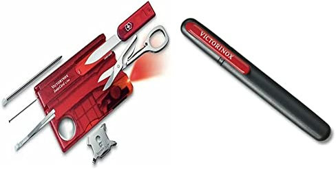 Victorinox Swiss Card Lite, Multitool de Poche Suisse, 13 Fonctions, Led, Loupe, Rouge Transparent & Aiguisoir Double pour Couteaux, Swiss Made, Portable, Noir/Rouge