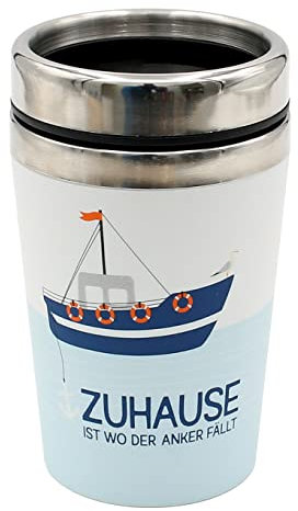 Dekohelden24 Thermobecher/Becher to go, Motiv: Zuhause ist wo der Anker fällt, Maße H/Ø: 13,5 x 8,4 cm, Fassungsvermögen: 240 ml.