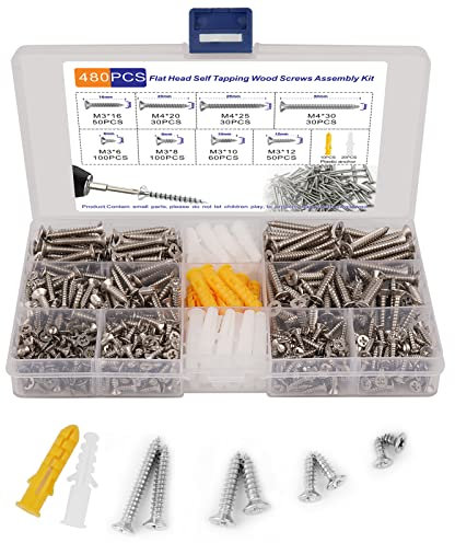 480pcs Wood Screws Assortment, M3 M4 Countersunk Self Tapping Screws, 8 Sizes Small Screw for Wood with 30pcs Screw Anchorss,for Furniture, Woodworking, DIY Model Fixing