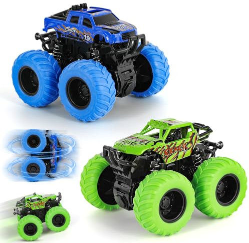 Shayson Monster Truck Juguetes a Partir de 2 3 años, Coche de Carreras de Carreras Camión Retirarse 360 Grados Giratorio Inercia Vehículo Regalos para Niños Niños Niños 2 Piezas