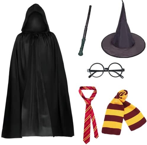 Sasifeni 6 Pcs Set Adult Wizard Costume, World Book Day Fancy Dress for Men, Women, Adult Halloween Outfits Includes Hooded Black Cape, Scarf, Wand, Tie, Maroon Glasses and Wizard Hat