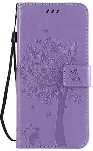 Thoankj iPhone 14 Pro Phone Case, PU Leather Flip Notebook Wallet Cover Embossed Cat Tree with Magnetic Stand Card Holder Slot Folio Soft TPU Bumper Protective Case for iPhone 14 Pro Light Purple