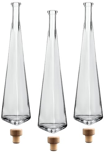 gouveo set de 3 carafes 500 ml pyramide avec bouchons (HGK) - bouteille design 0,5 l en verre avec bouchon en liège - carafe en verre de forme triangulaire pour liqueur, whisky, cognac (DPT500HGK)