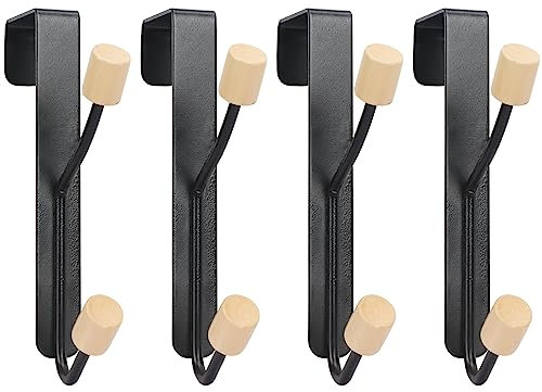 Skycase Over Door Hooks, 4 Pack - Sturdy Metal Hooks with Wooden Organizer Rack for Hanging Coats, Hats, Robes & Towels, Bathroom & Bedroom Storage Hangers, Black