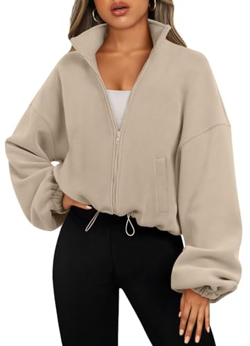 AUTOMET Womens Fleece Jackets Zip Up Oversized Sweatshirts Winter Clothes Long Sleeve Crop Sherpa Fall Outfits Fashion Khaki M
