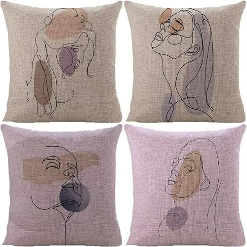 4er Set Kissenbezug Flieder Outdoor Wasserdicht Sofakissen Leinen Dekokissen Herbst Kissenhülle Linienförmige Figuren Outdoor Lounge Kissen,Sofa Wohnzimmer Sommer Garten Zuhause Kissen 75x75cm SP-1511