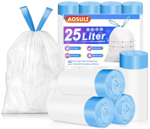 AOSULI Bin Bags 25L Bin Liners with Drawstring Tie Handle,Tall Kitchen Pedal Bin Liners Trash Bags(40 Bags,White)
