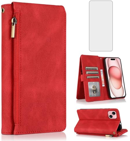 Compatible with iPhone 15 6.1 inch Wallet Case Tempered Glass Screen Protector Zipper Retro Leather Flip Cover Card Holder Stand Cell Accessories for iPhone15 5G i i-Phone i15 15Case Women Men Red
