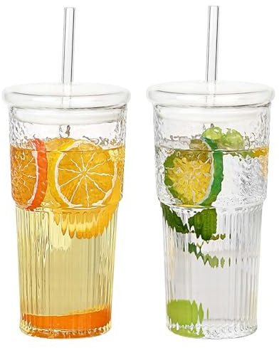 Glass Cups with Lids and Straws, 590ml/20 oz Iced Tea Coffee Cups, Vintage Ripple Glassware Set, Wide Mouth Glass Tumbler with Straw for Water Coffee Tea 2 PCS, Clear