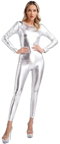 TiaoBug Damen Metallic Gymnastikanzug Slim Fit Stretch Ganzkörperanzug Langarm Overall Jumpsuit Skinny Hose Einteiler Fitness Yoga Outfits Silber S