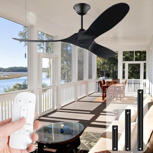 Uaikiea 52 inch/132cm Black Ceiling Fan with Remote, Outdoor Wood Ceiling Fan no Light 3 Blades Propeller Ceiling Fan 6 Speed Reversible Noiseless DC Motor for Indoor Bedroom Farmhouse Patios