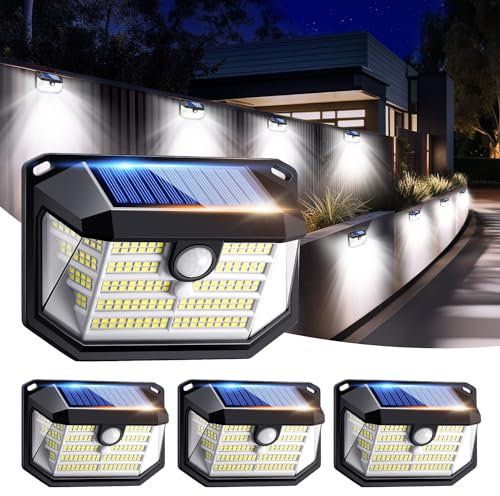 PIKOY Solar Security Lights Outdoor Motion Sensor [4PACK], 230LED 270° 3 Modes Solar Lights Outdoor Garden Fence IP65 2000mAh