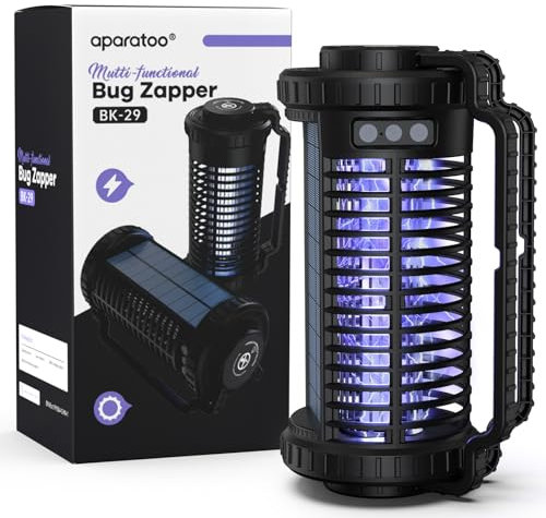 Solarstrom Insektenvernichter Elektrisch, 4200V Mückenfalle Lampe mit LED-Licht USB Wiederaufladbar Mückenlampe, 3 in 1 Mückenschutz für Küche, Haus, Garten, Hof, Camping, Schwarz