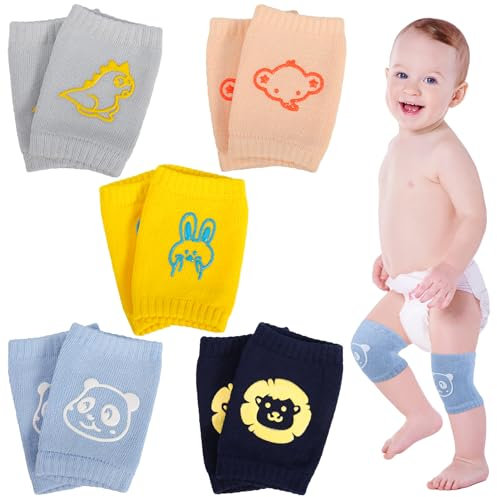 Lvefyti Baby Knieschoner 5 Paar Cartoon Tier Design mit Anti Rutsch Gummipunkten Weiche Baumwoll Krabbelschützer für Jungen & Mädchen