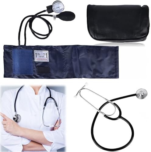 Manuelle Blutdruckmanschette und Stethoskop Kit, Professionelles Oberarm Aneroid-Blutdruckmessgerät mit Einkopf-Stethoskop, Erwachsenen-Manschette, Pumpball, Tragetasche für Hause (Schwarz)