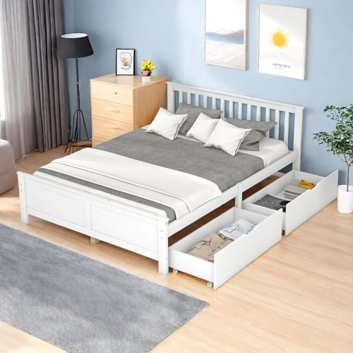 Bett 140x200 mit 2 Schubladen zur Aufbewahrung, Doppelbett Massivholzbett Futonbett, Holzbett 140x200 mit Kopfteil und Lattenroste, Jugendbett Erwachsenenbett Gästebett Kinderbett Bettrahmen -Weiß