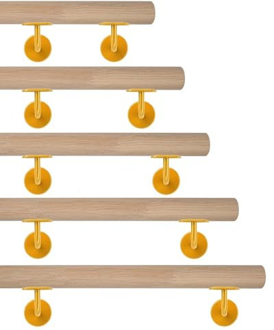TIBU Eiche Holz Handlauf keilgezinkt unbehandelt Geländer 0,3m - 6m, Länge 180 cm und 2 Edelstahl Halter Messing Gold