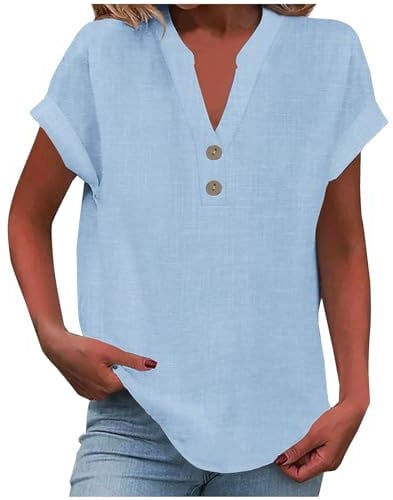 Linen Shirts for Women UK 2024 Summer Short Sleeve Tshirt Fashion Button Down V Neck Blouse Tees Solid Cotton Linen Loose Fit Tops Vacation Lightweight Comfy Clothes