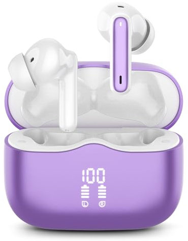 Wireless Earbuds, Bluetooth Headphones Bluetooth 5.3 Earphones, 2023 Bluetooth Headphones with 13mm Drivers, IP7 Waterproof Ear buds Wireless Earbuds, 36H Playtime, LED Display, Ultra Light, Purple
