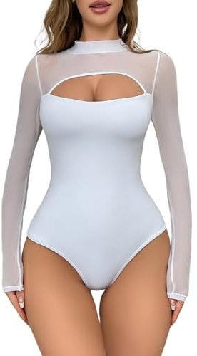 EVELIFE Women's Bodysuit Sexy Long Sleeve Cut out Top Ladies Sheer Mesh Turtle Neck Stretchy Basic Leotard(White,M)