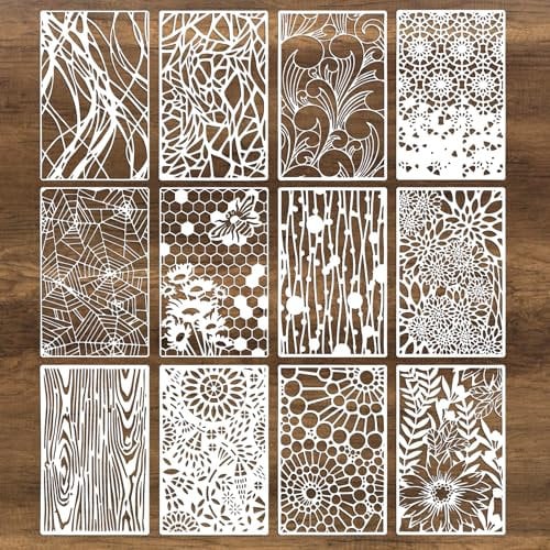 12Pcs Texure Stencils for Crafts Reusable, Mixed Media Stencils for Painting, Wood Grains Flower Templates Spider Web Layering Spray Paint Stencils Kit on Wall Canvas Cake Card DIY Art (11×7'')