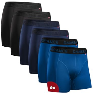 DANISH ENDURANCE 6er Pack Sport Boxershorts Herren, Mit regulärem oder langem Bein, Mehrfarbig (2X Schwarz, 2X Blau, 2xhellblau), 2XL